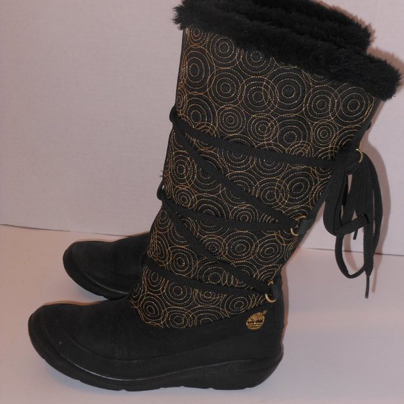 TIMBERLAND BLACK AND GOLD LEATHER AND FAUX FUR KNEE-HIGH BOOTS SIZE 6.5 MEDIUM - Picture 5 of 9